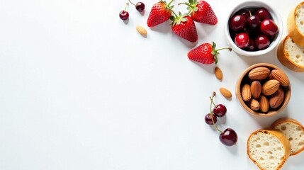 A Delightful Arrangement of Fresh Strawberries, Cherries, Almonds, and Bread Slices on a White Surface