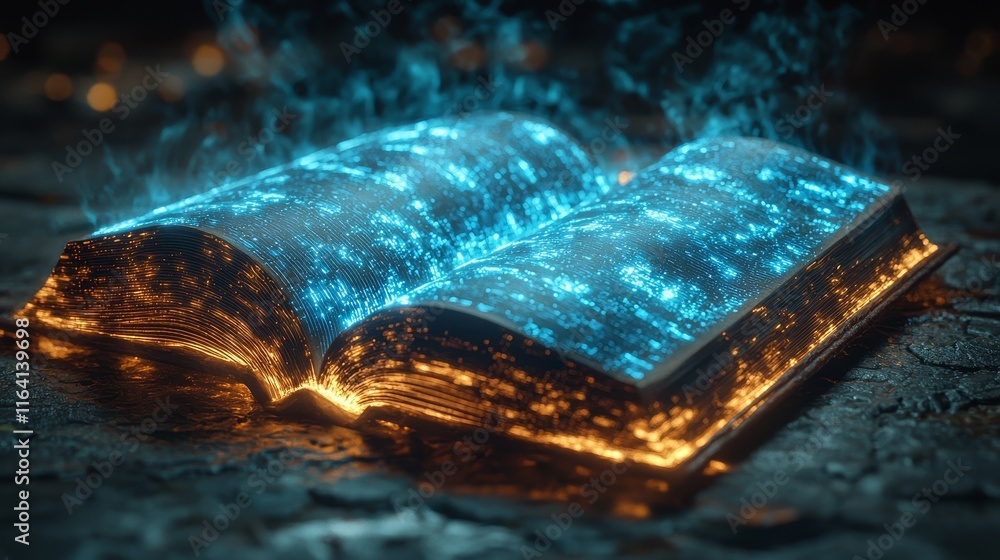 Poster innovative education and data technology are represented by abstract lines in a glowing open book fi