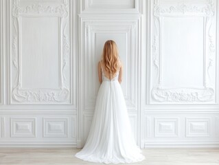 Fototapeta premium Bride in White Wedding Dress, Back View, Elegant Interior