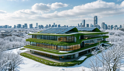 Modern Architecture Blending with Nature: An aerial view of a stunning contemporary building with a green roof, nestled amidst a snowy urban landscape.