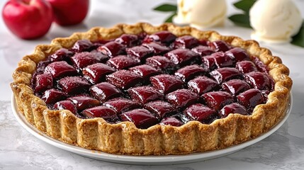 Delicious cherry pie with a golden crust and ice cream.