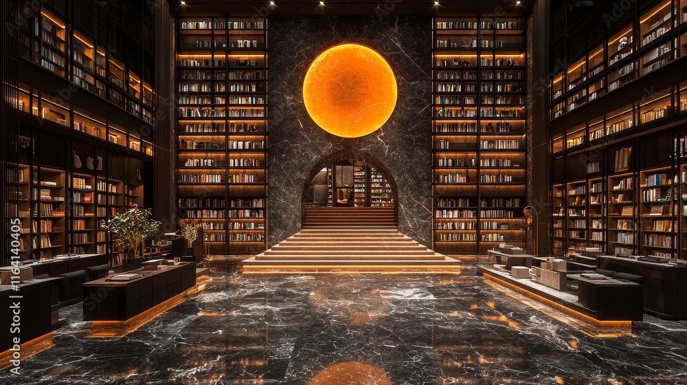 Aufkleber a sleek, modern library adorned with illuminated staircases and lined with rows of bookshelves in a 