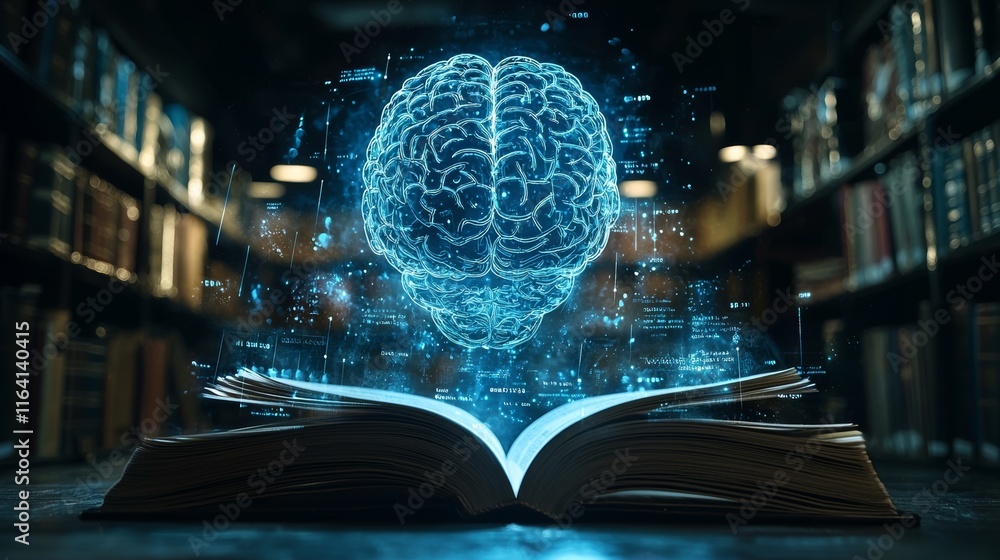 Poster luminous mind hovering over open book in library scene