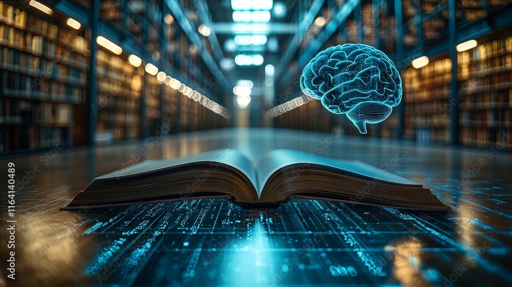 Poster lucent brain perched above an open book in the library