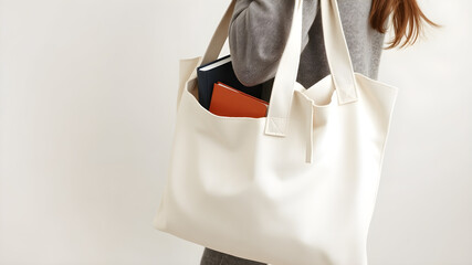 A close-up of a blank fabric tote bag in a woman’s hand, filled with books and notebooks, neutral background, vivid 8K clarity