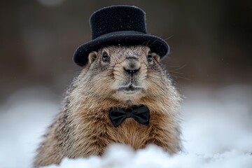 Groundhog dressed in a black top hat and bow tie stands on snow, embodying the Groundhog Day theme, with room for additional imagery