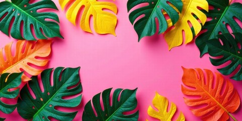 Vibrant Tropical Leaf Arrangement on a Pink Background, Perfect for Summer Designs and Projects Featuring a Variety of Colors and Shapes.