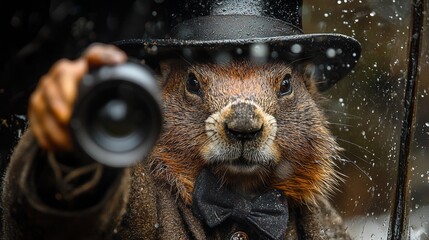 Featuring a brown groundhog in a top hat and bow tie on a white background - this image captures the essence of February 2's weather traditions and holiday observance
