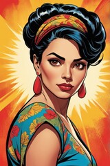 Naklejka premium Stylish woman with dark hair and floral dress, a pop art style illustration.