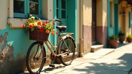 A vintage bicycle with a wicker basket overflowing with vibrant summer blooms rests against a sun-drenched, weathered building facade.
