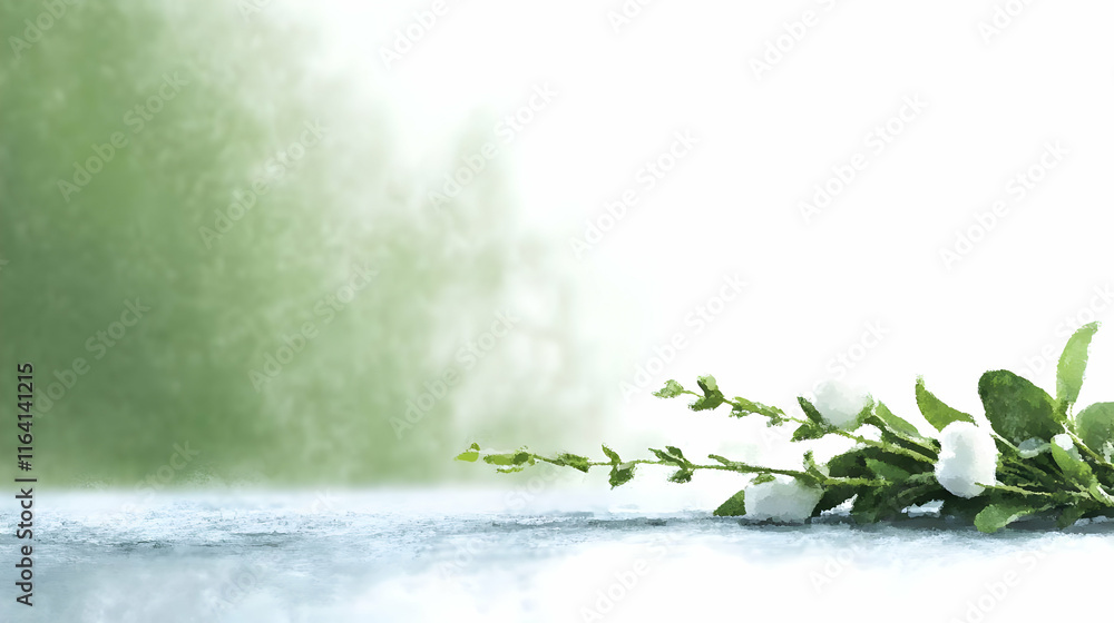 Poster white flowers on a textured surface with a soft green bokeh background.