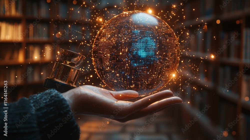 Poster a robotic hand holds a crystalline globe with data displayed, set on a metallic base. sparkling part