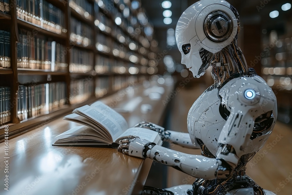 Poster a humanoid robot engrossed in reading a book while learning in a library
