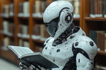 Fototapeta premium A white robot engrossed in a book within an ancient library, blending stock and machine learning