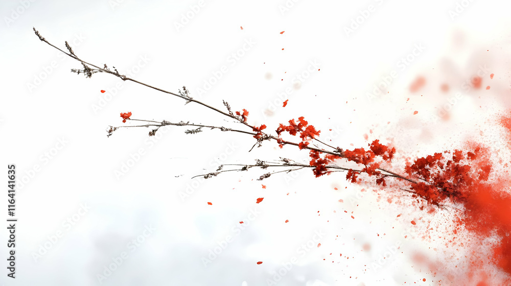 Aufkleber dried branch with red berries exploding into particles on white.