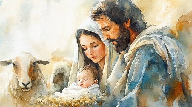 Watercolor illustration of the Holy Family on a light background. The Virgin Mary and Saint Joseph hold the baby Jesus Christ. Christian art.