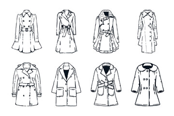 Collection of Woman slim coat for winter, women jacket dress fashion, hand drawn line sketch vector illustration