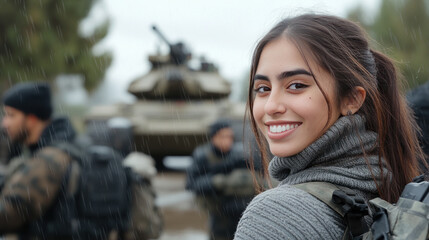 Hispanic woman wearing military uniform with tank troops on a rainy day