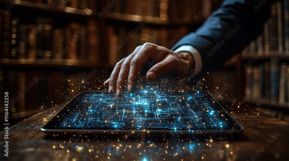 Aufkleber a person uses a tablet in a futuristic library, where digital data and information holograms float a