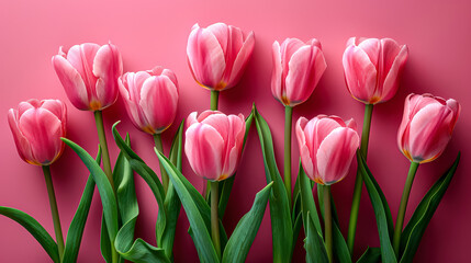 Obraz premium Row of pink tulips are arranged in a row on a pink background