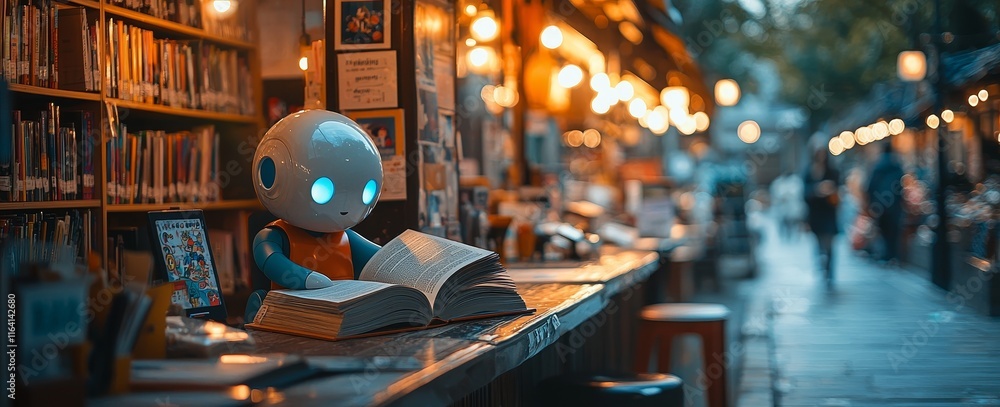 Poster a robot reads a book in a library, emphasizing technology and intellect