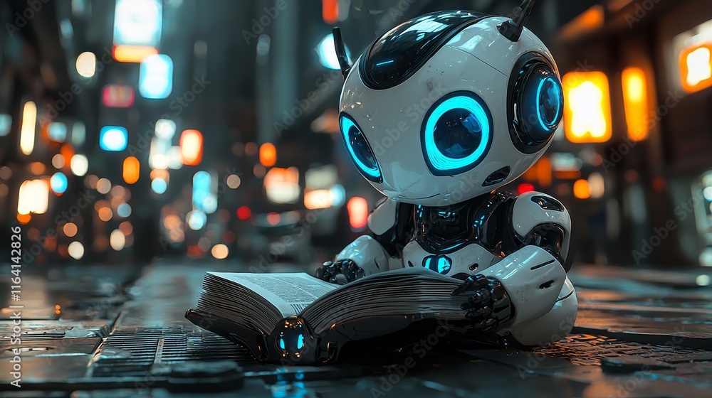 Aufkleber a robot reading a book in a library, highlighting technology and learning