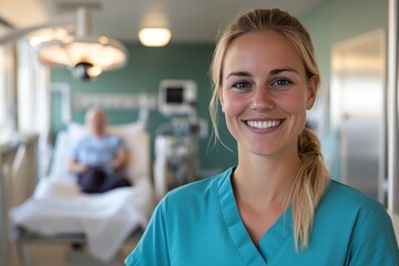 Fototapeta premium A cheerful nurse standing in a hospital room, exuding compassion and professionalism, symbolizes care, dedication, and the vital role healthcare professionals play in society.