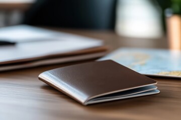 Fototapeta premium A leather passport rests elegantly on a wooden table, surrounded by travel essentials, conveying a sense of adventure and preparation for upcoming journeys.