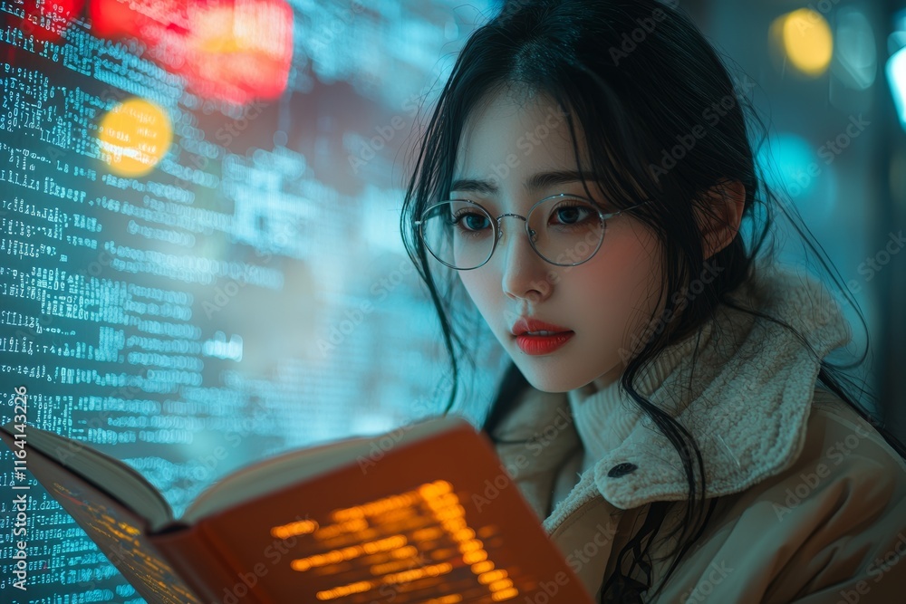 Poster a person in a library holds a holographic book, where educational icons and binary code blend to cre