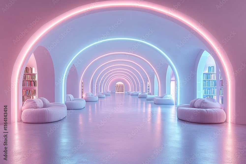Aufkleber a futuristic library where shelves emit a soft glow and books hover in the air, all within a colorfu
