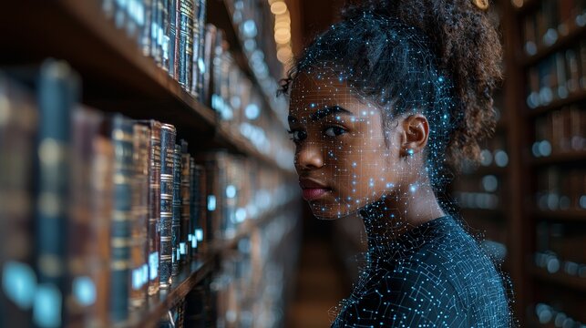 With a woman's profile superimposed on it, a library evokes the ideas of knowledge and learning