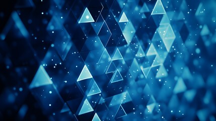 Abstract blue background with glowing triangles and bokeh lights.