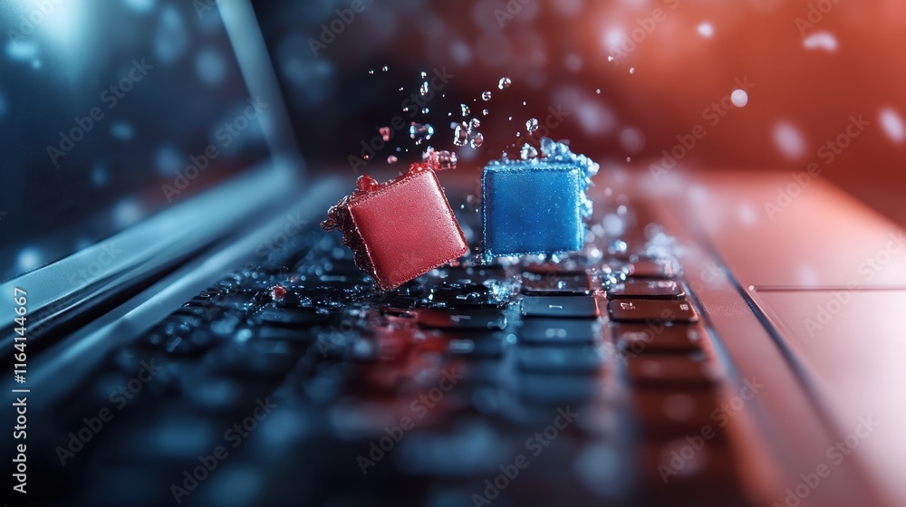 Poster a colorful splash of water on a laptop keyboard with two cubes, one red and one blue, creating an en