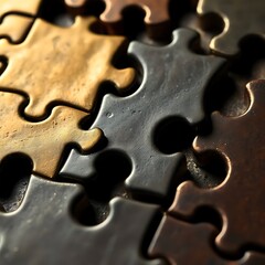 Close-up of interlocking metallic puzzle pieces