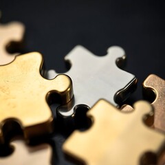 A close-up view of metallic gold and silver puzzle pieces.