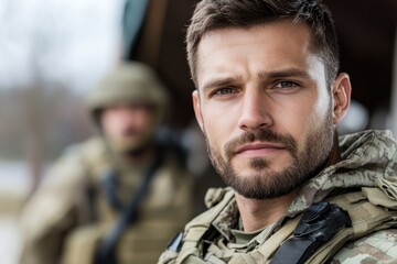Fototapeta premium A close-up view of a soldier reveals an intense expression, highlighting the emotional weight and responsibilities borne by those who serve in the armed forces.