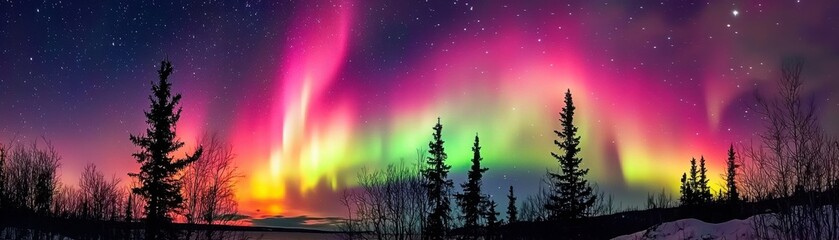 Fototapeta premium A stunning display of the aurora borealis lights up the night sky with vibrant colors, framed by silhouetted trees against a starry backdrop.