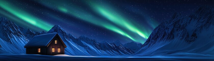Fototapeta premium A cozy cabin sits under a starry sky illuminated by vibrant auroras, surrounded by snowy mountains in a tranquil winter landscape.