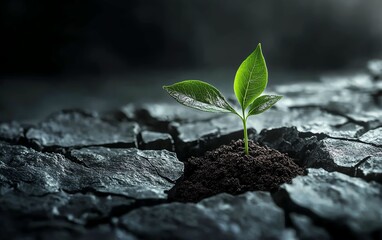 A solitary green sprout pushing through shattered earth, representing resilience in the face of environmental challenges, set against a desolate, cracked landscape
