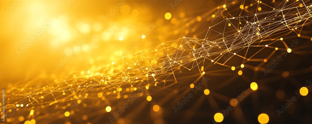 Poster abstract background of yellow glowing lights within a circuit boards network of lines and connection
