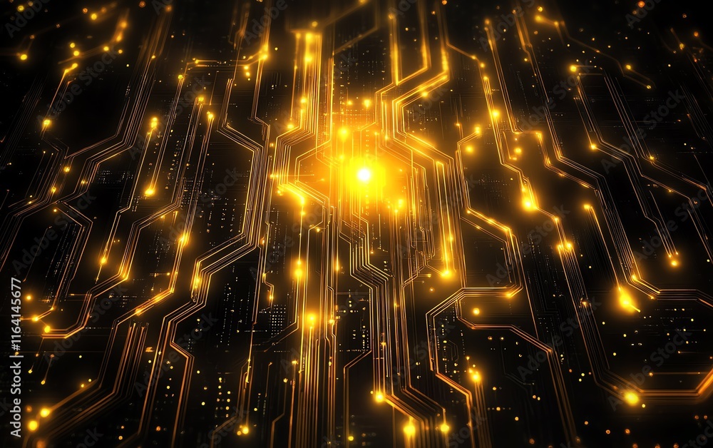 Poster abstract background with glowing yellow lights interwoven with circuit lines and connections, portra