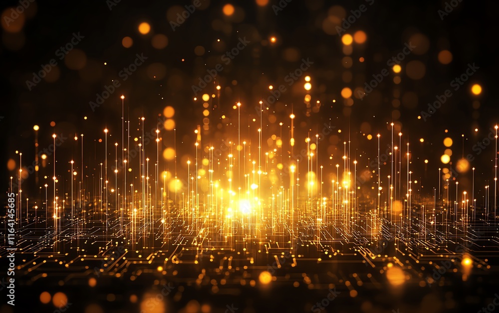 Poster abstract background with glowing yellow lights interwoven with circuit lines and connections, portra