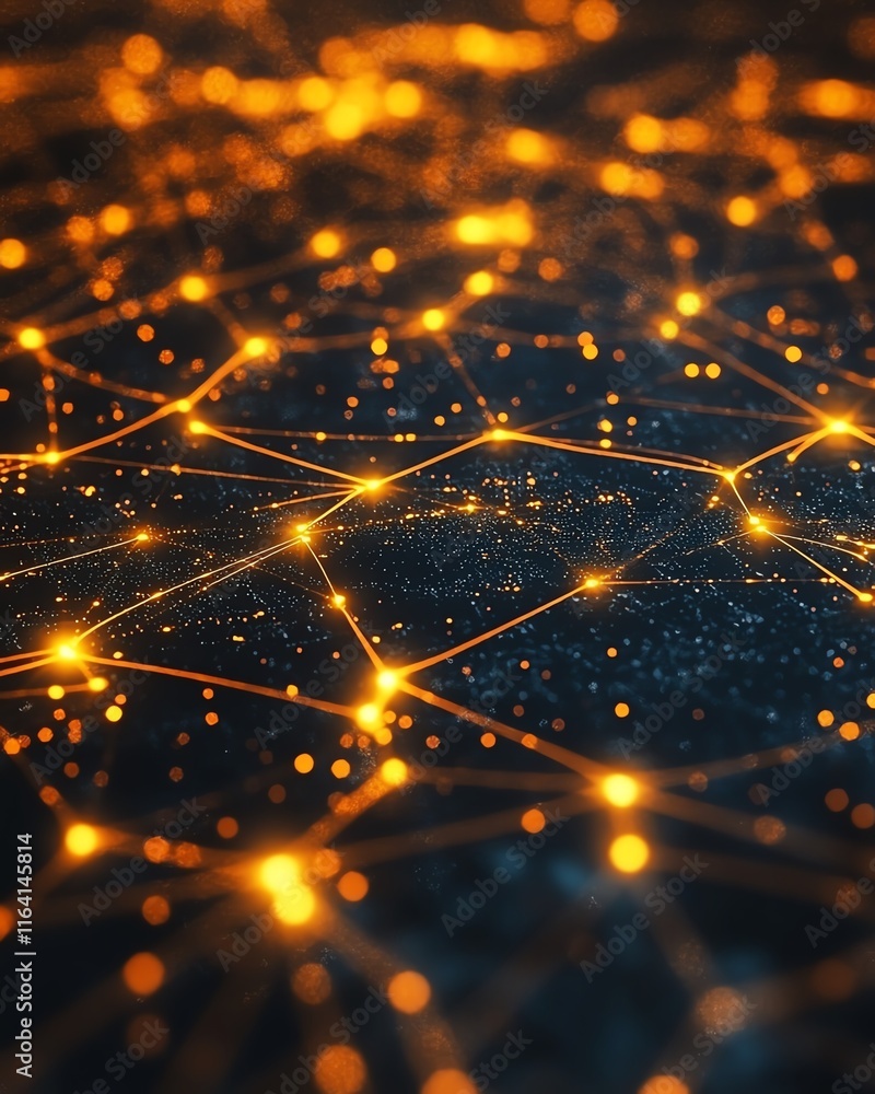 Poster abstract design of glowing yellow lights within a complex network of lines and connections on a circ