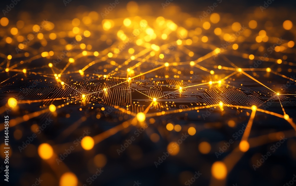 Poster abstract circuit board background with glowing yellow lights connected by dynamic lines and paths, s