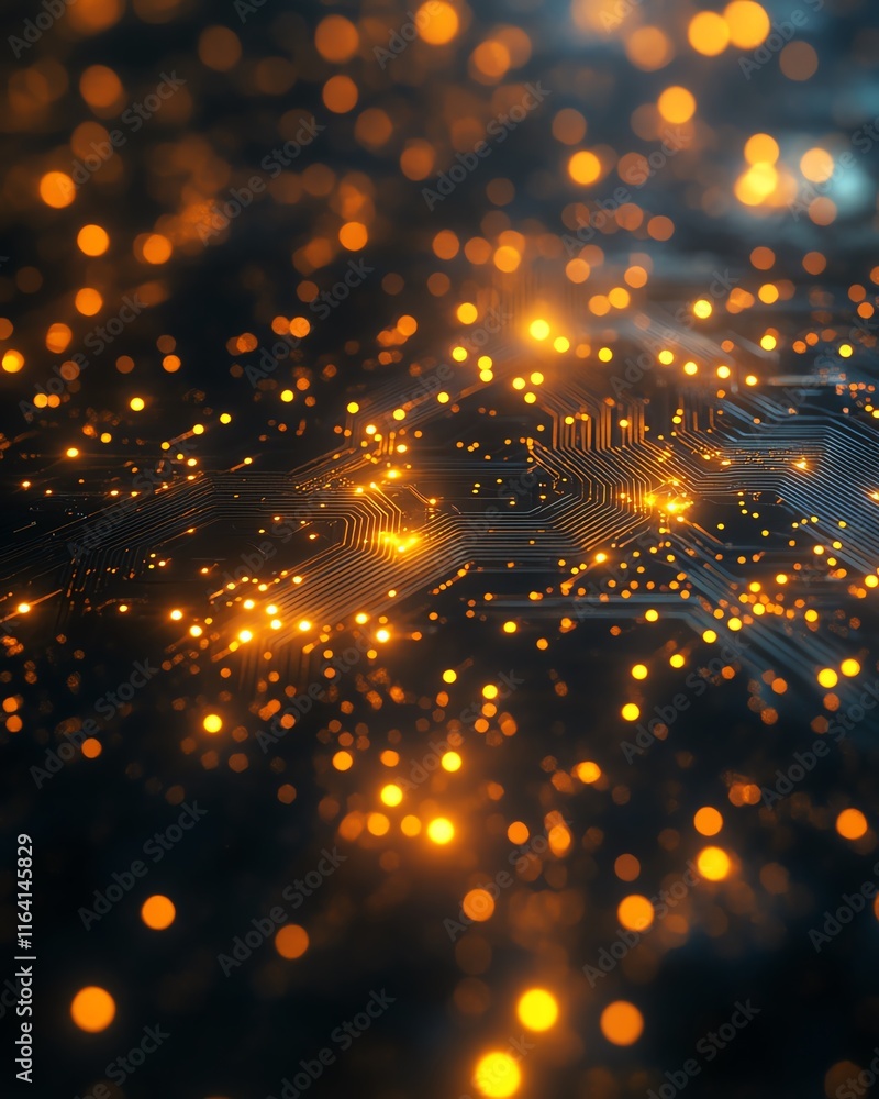 Poster abstract design of glowing yellow lights within a complex network of lines and connections on a circ