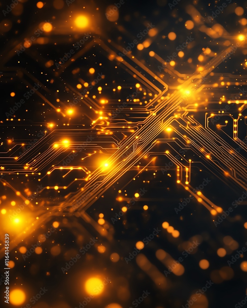 Poster abstract design of glowing yellow lights within a complex network of lines and connections on a circ