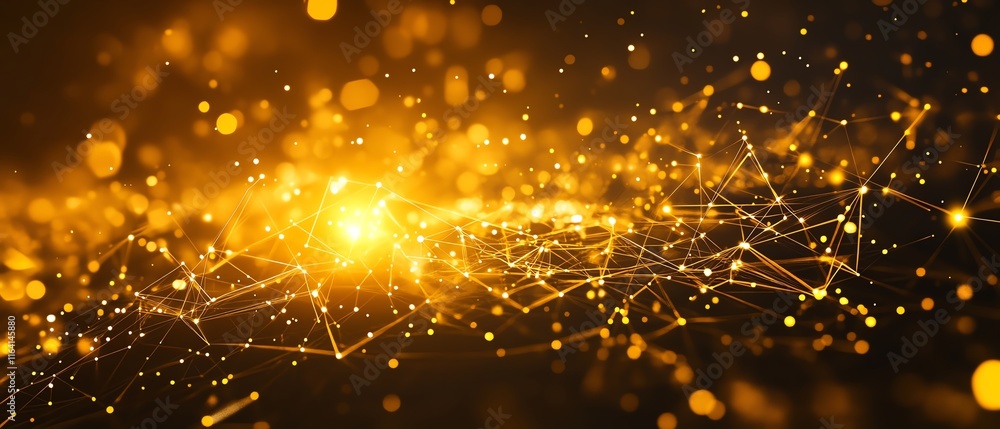 Fototapete abstract representation of glowing yellow lights within a network of lines on a circuit board, symbo