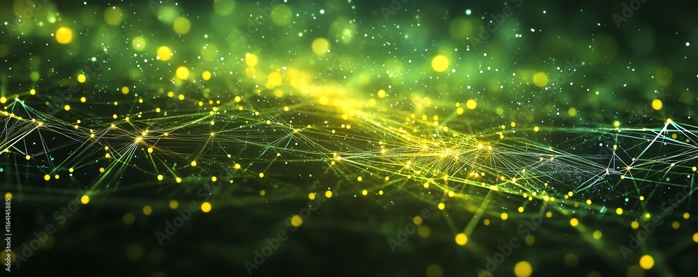 Poster Abstract design with glowing yellow lights within a network of lines and connections on a circuit board, highlighting the theme of modern technological progress