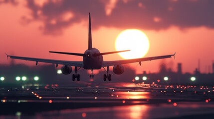 Sunset Airplane Landing: A Breathtaking View of an Airplane Touching Down on a Runway During a Vibrant Sunset