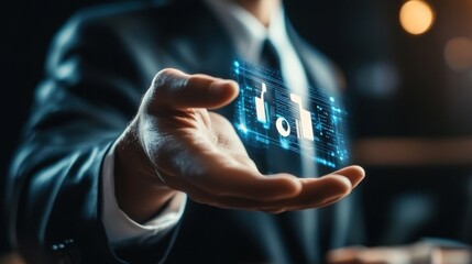 A businessman holds a holographic card displaying digital security icons, symbolizing technology, innovation, and data protection.